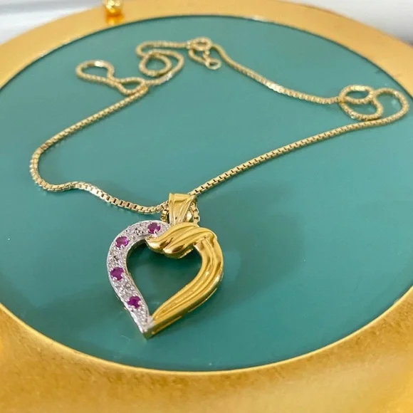 925 Heart Pendant Necklace Diamond Gold Tone - Picture 2 of 5